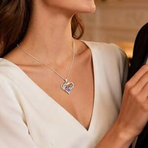 Silver Rose Heart Birthstone Necklace